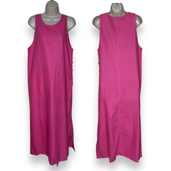 Denim and Co Linen Blend Jumper Dress Pink Maxi Button Side Pockets Women Small - Picture 1 of 13